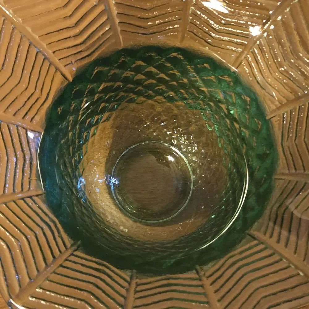 Vintage Green Glass Bowl Vase Patterned Base Flared Rippled Rim, 3 X 5.5